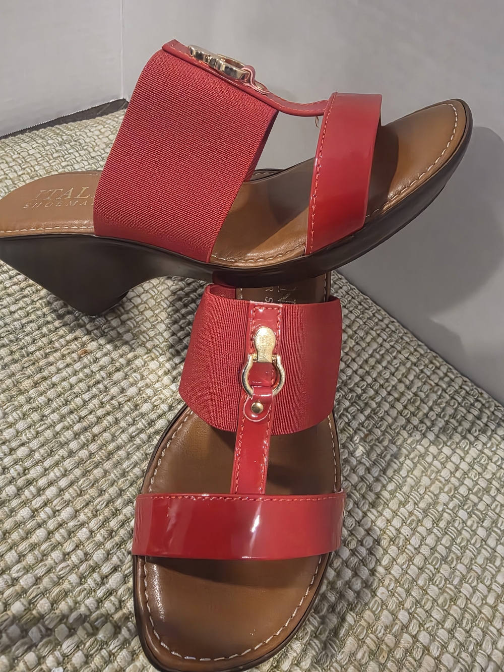 Italian Shoemakers Red Elastic & Patent Wedge Sandals